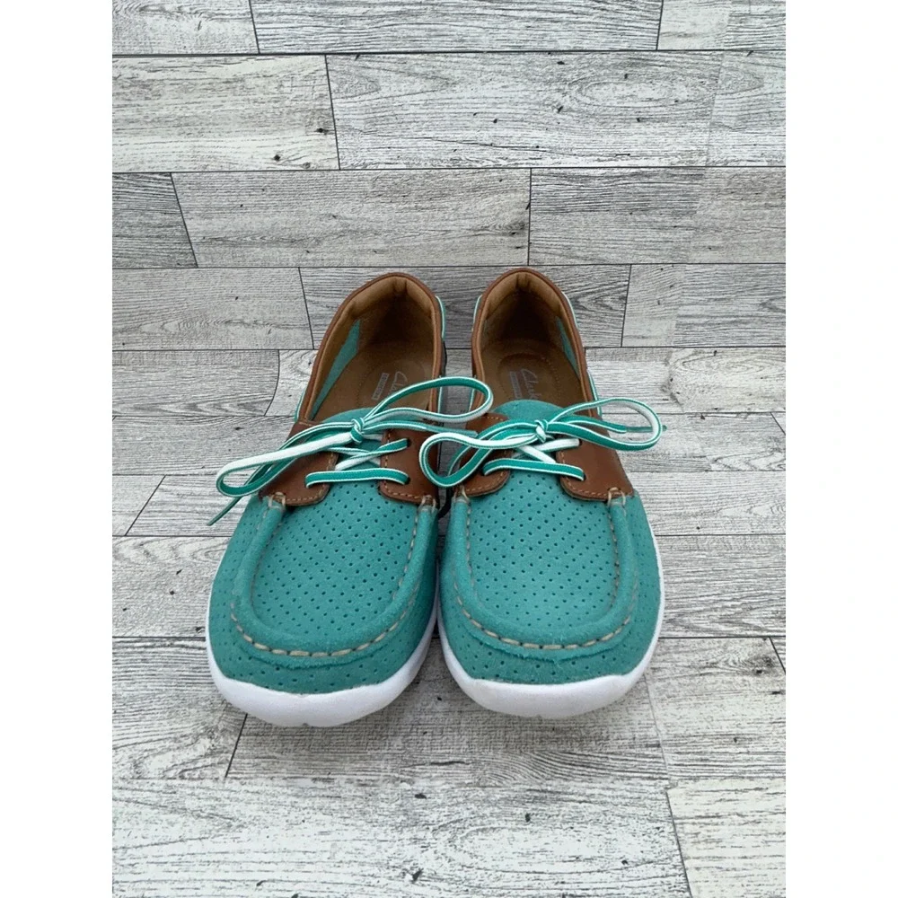 Clarks Collection Teal Suede Boat Shoes‎ Brown Leather Trim 7M 26100156
